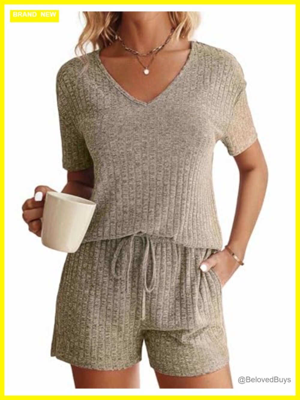 Ribbed Knit Lounge Set Short Sleeve Top & Shorts Pajama 2 Piece Outfit